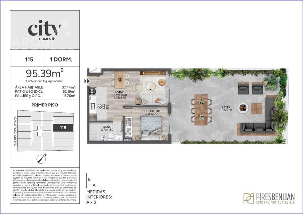 Apartamento de un dormitorio con patio en venta en Cordón -