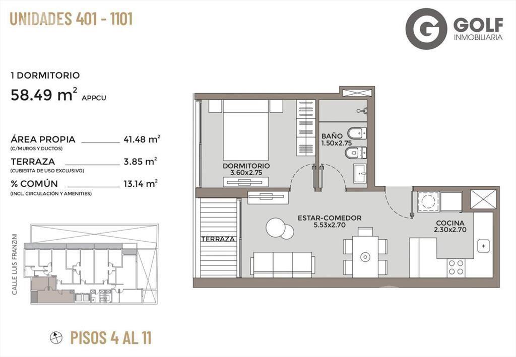 Venta de Apartamento 1 dormitorio con terraza - Pocitos