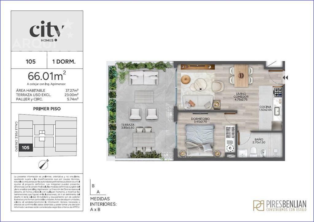Apartamento de un dormitorio con patio en venta en Cordón -