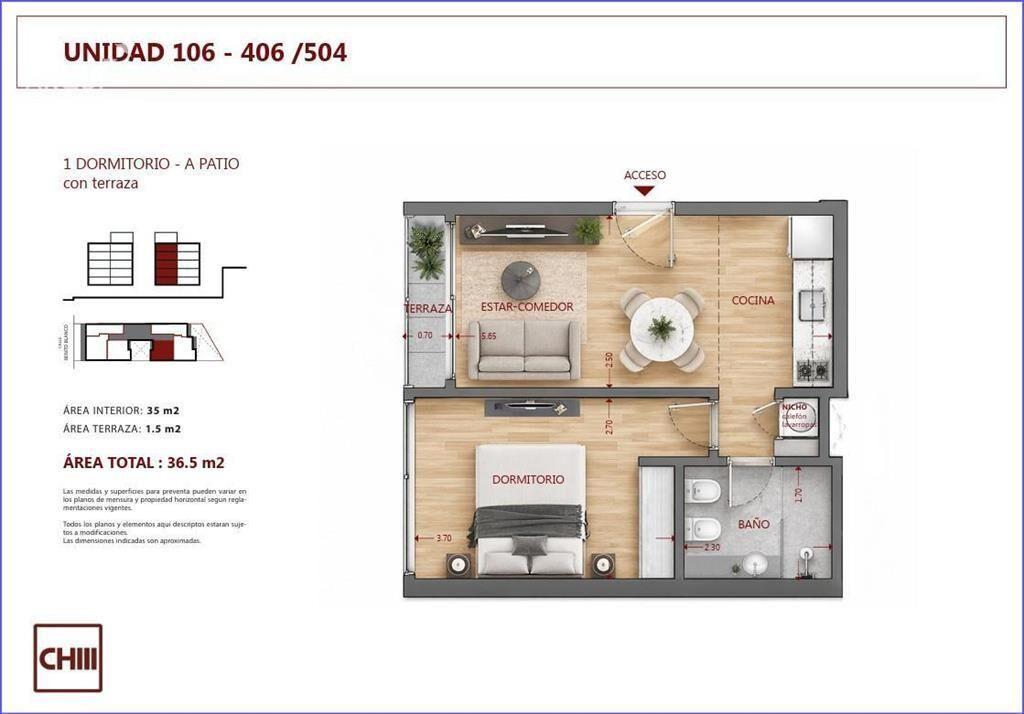 Apartamento de un dormitorio en venta en Pocitos - 206
