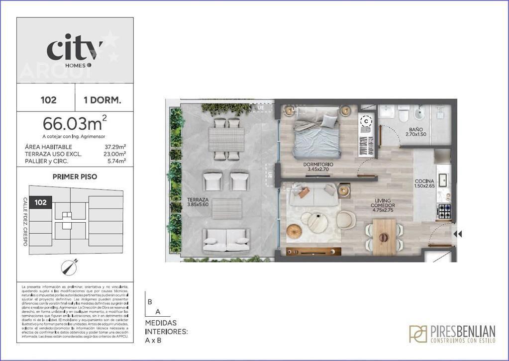 Apartamento de un dormitorio con patio en venta en Cordón -