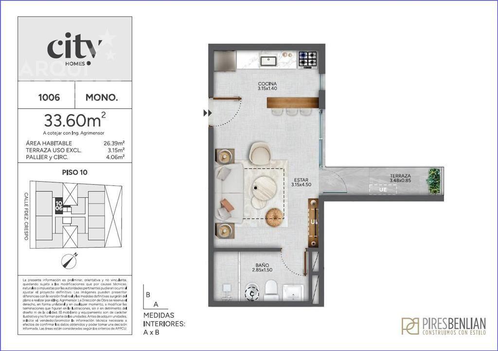 Apartamento de un dormitorio en venta en Cordón - 1006