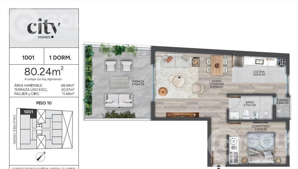 Venta de apartamento de 1 dormitorio con terraza en Cordón