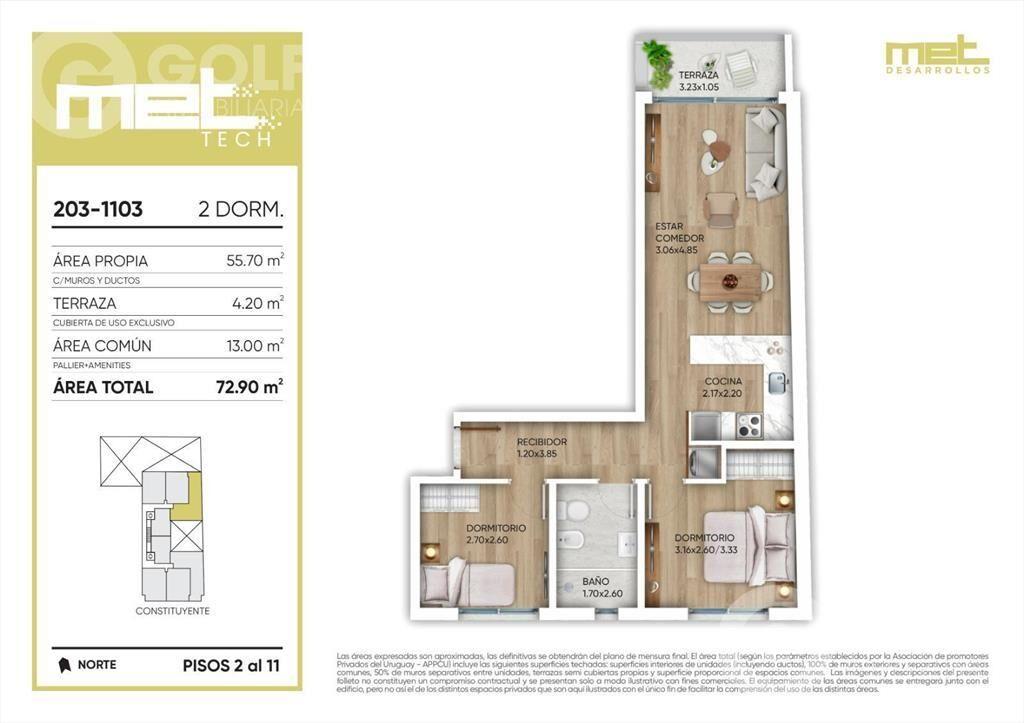 Venta apartamento de 2 Dormitorios con terraza en Cordón