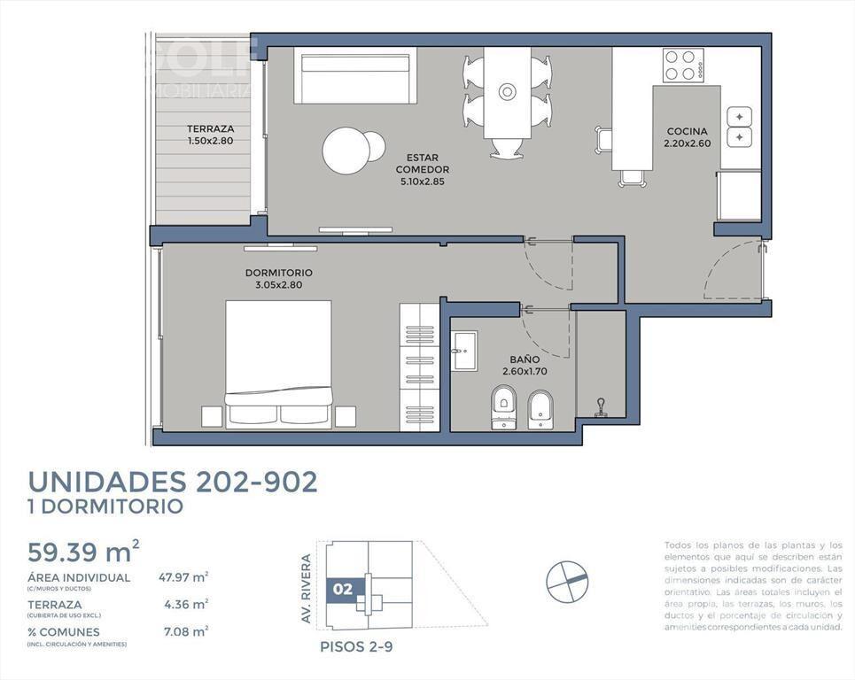 Venta de apartamento de 1 dormitorio con terraza en Pocitos