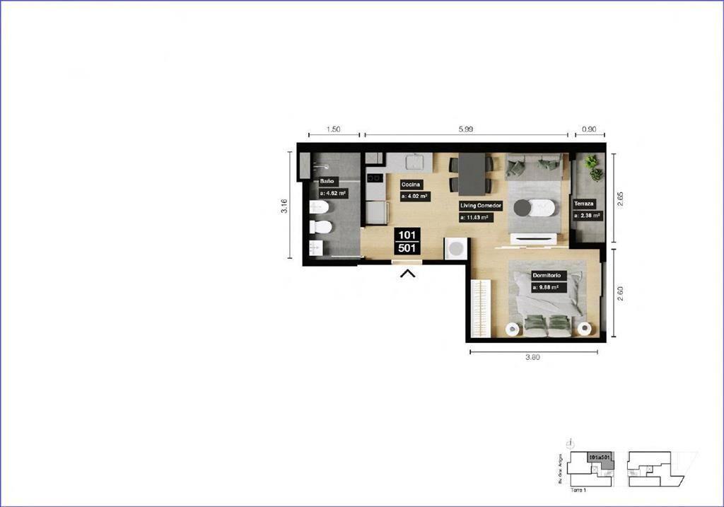 Apartamento de un dormitorio en venta en Tres Cruces - 501