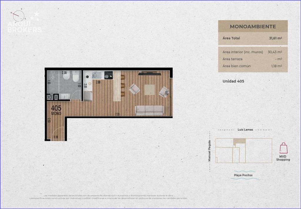 Apartamento monoambiente en venta en Pocitos - 405