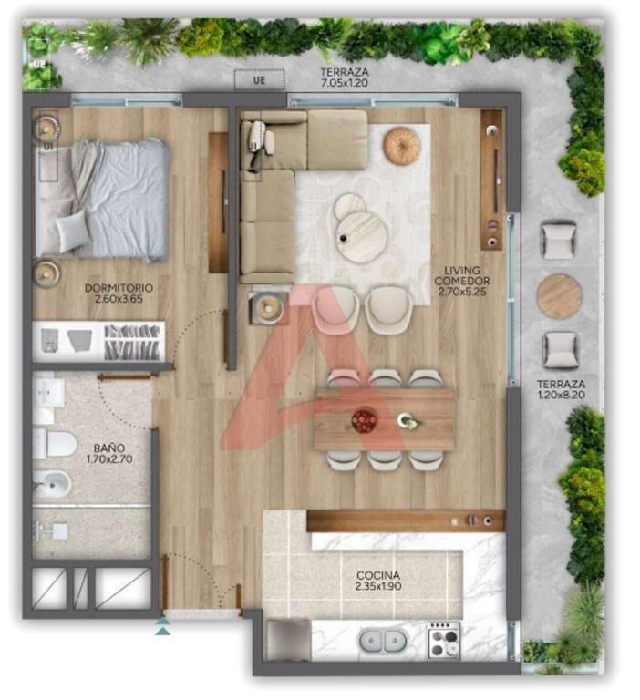 1 DORMITORIO CON GRAN TERRAZA DE 19 M2 y GARAJE - AMOBLADO