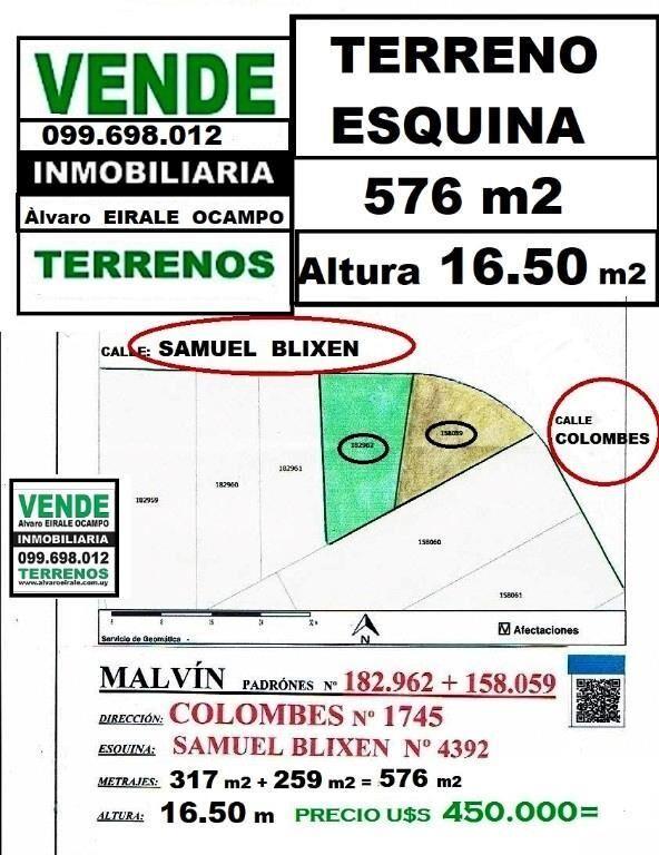 * MALVIN SUR: COLOMBES Y BLIXEN. ESQUINA 576 m2
