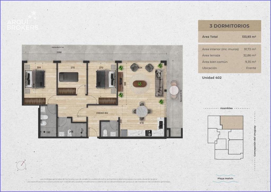 Apartamento de tres dormitorios en venta en Malvín - 402