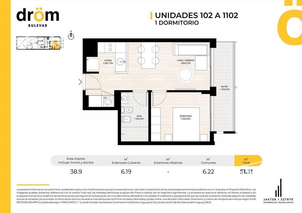 Apartamento 1 dormitorio con terraza a estrenar en Tres Cru