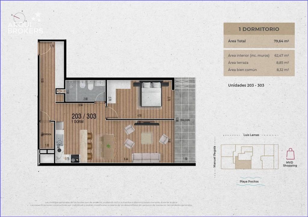 Apartamento de un dormitorio en venta en Pocitos - 203