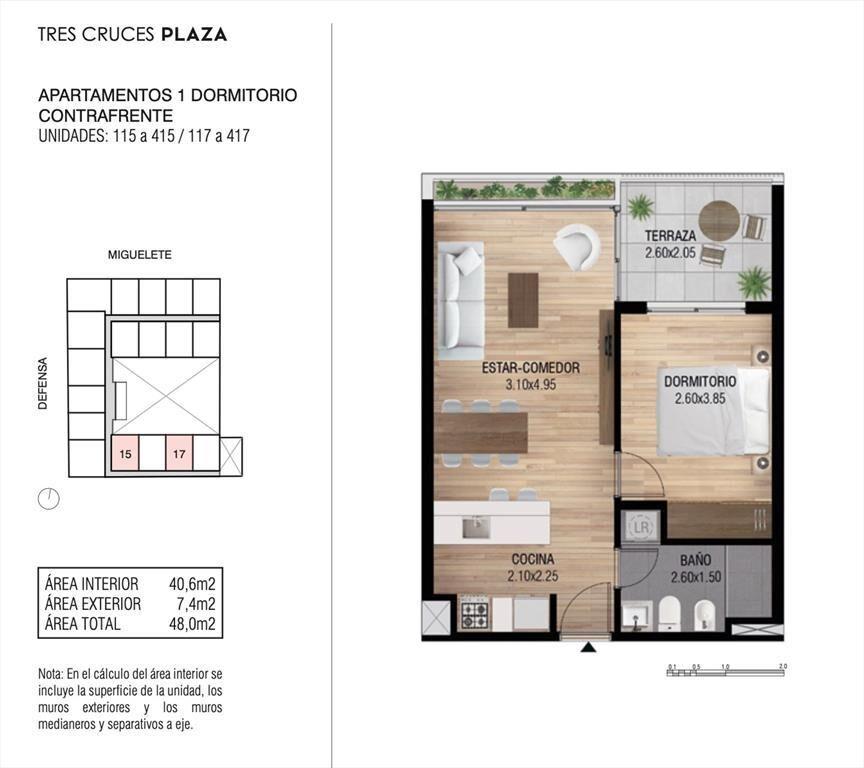 Venta Tres Cruces 1 dormitorio, terraza, Ley VIS