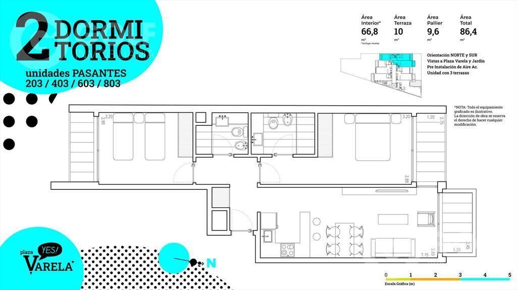Venta de apartamento 2 dormitorios con terraza en Pocitos