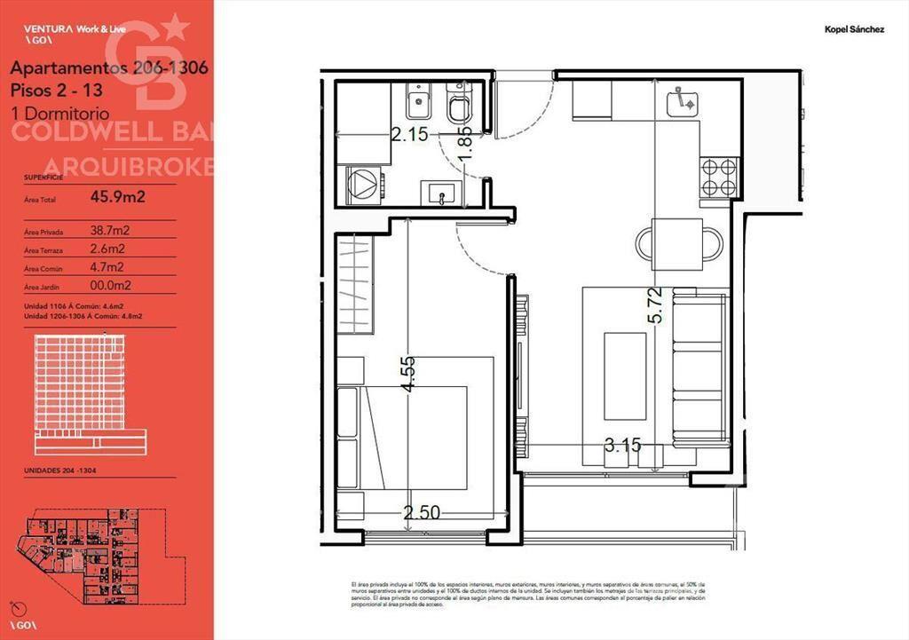 Apartamento de 1 dormitorio en alquiler en Cordón - 1306