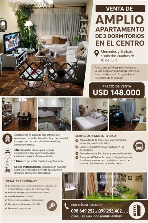 Venta de Amplio Apartamento de 3 Dormitorios en el Centro