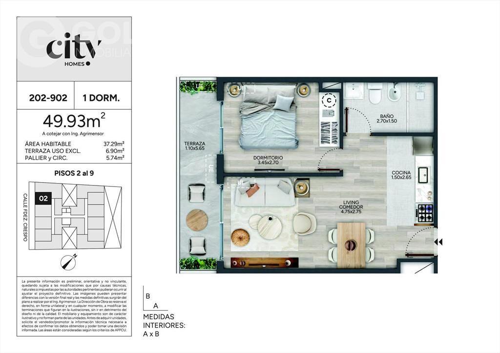 Venta de apartamento de 1 dormitorio con terraza en Cordón