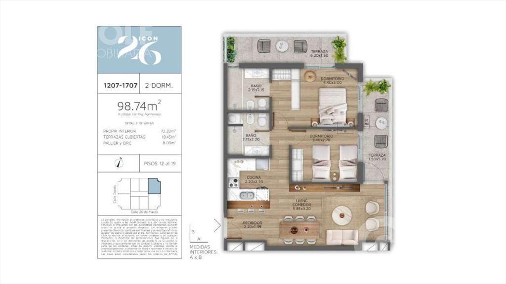 Venta de apartamento de 2 dormitorios con terraza en Pocito