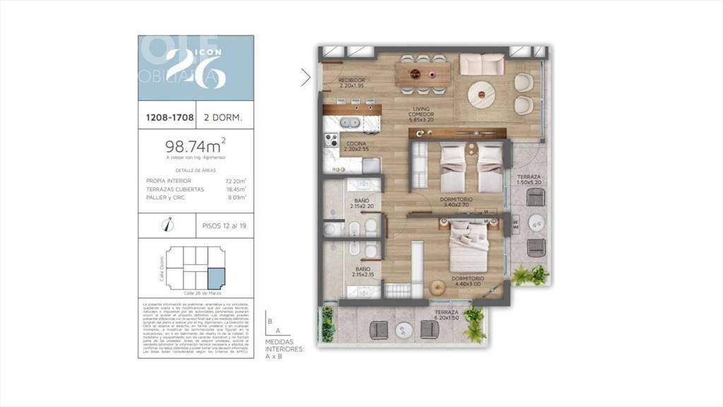 Venta apartamento de 2 dormitorios con terraza en Pocitos