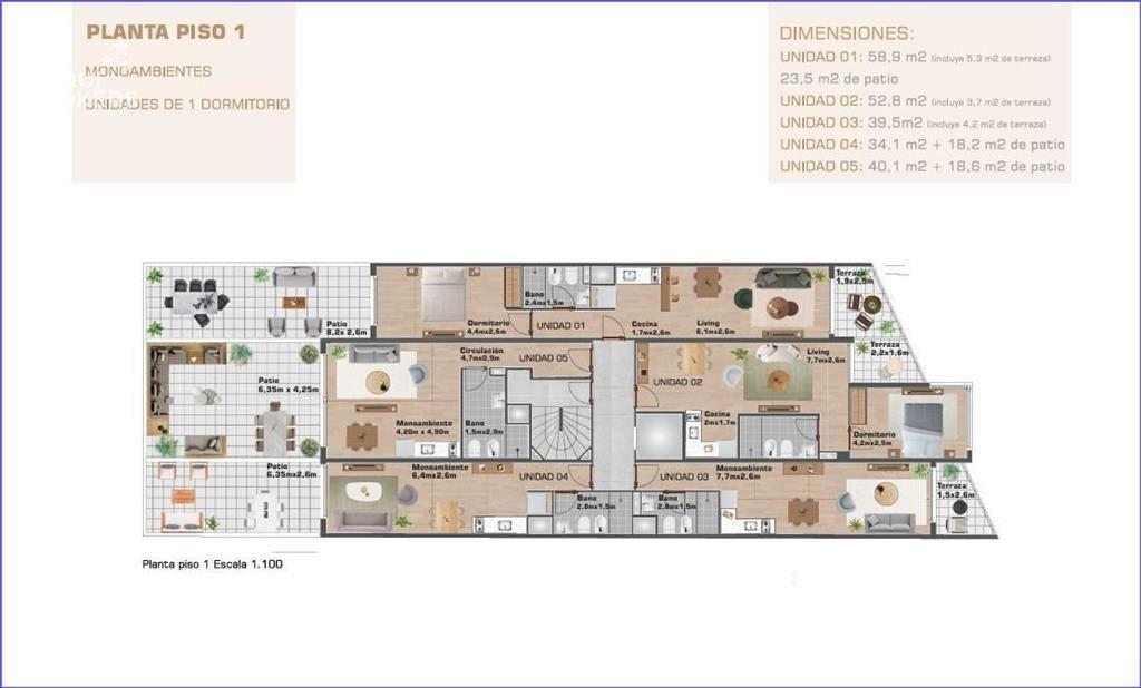 Apartamento de un dormitorio con patio en venta en Punta Ca