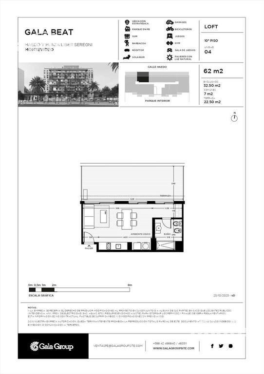Apartamento monoambiente en Tres Cruces, piso alto, amplio