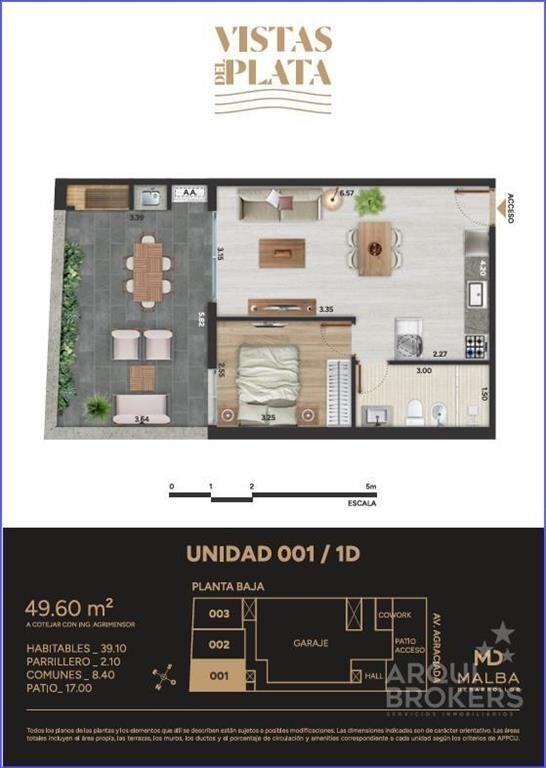Apartamento de un dormitorio con patio en venta en Aguada