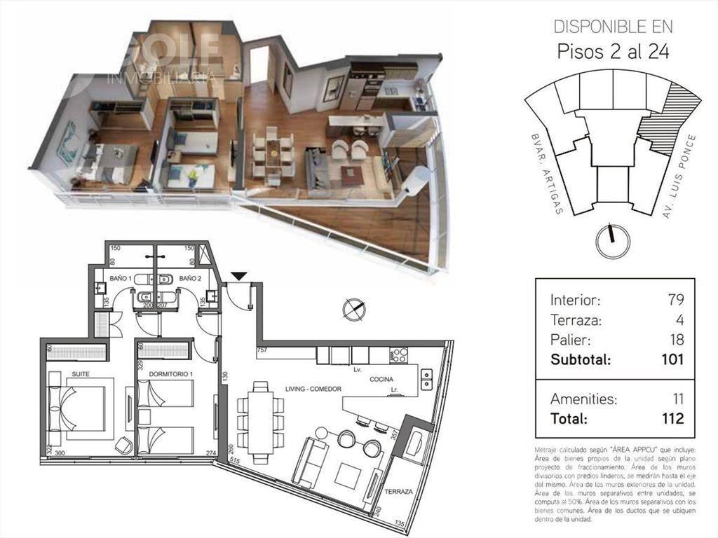 Venta de apartamento 2 dormitorios en JOY Pocitos