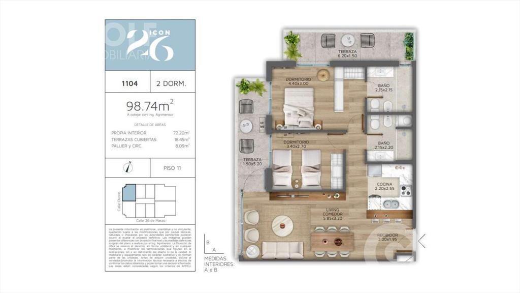 Venta apartamento 2 dormitorios con terraza en Pocitos