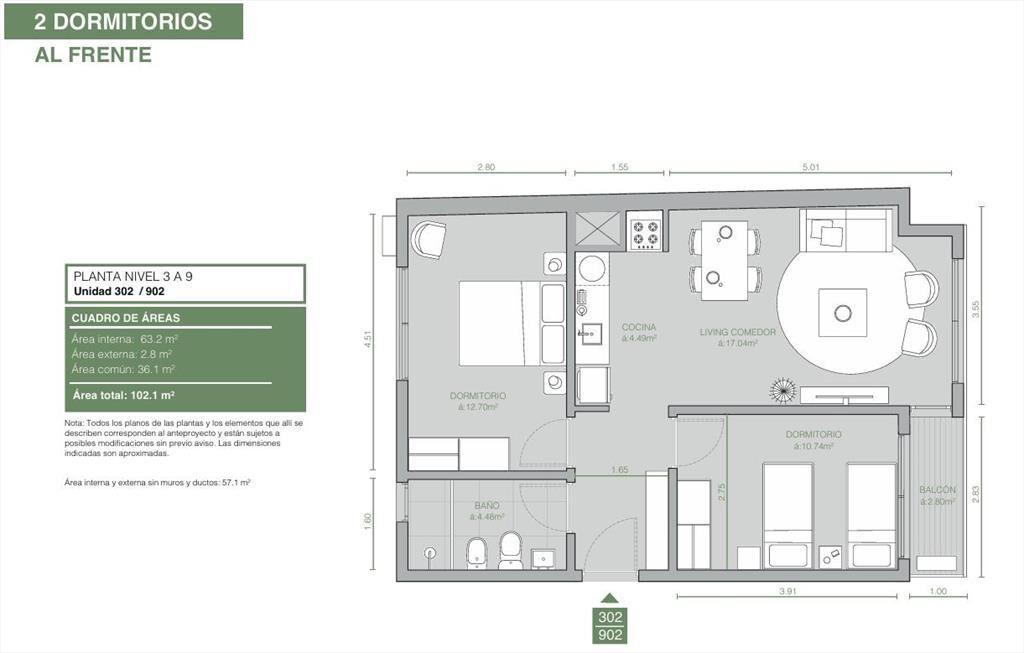 Venta Apartamento 2 Dormitorio en Tres Cruces