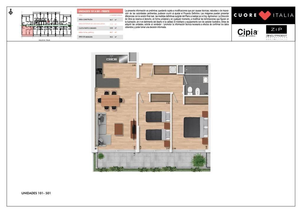Venta de apartamento de 2 dormitorios con terraza en Cuore I
