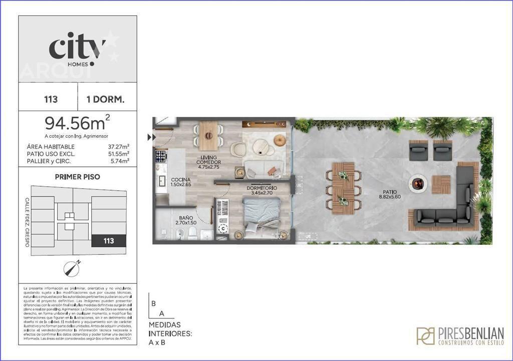 Apartamento de un dormitorio con patio en venta en Cordón -
