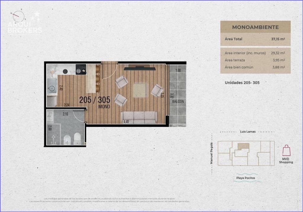 Apartamento monoambiente en venta en Pocitos - 205