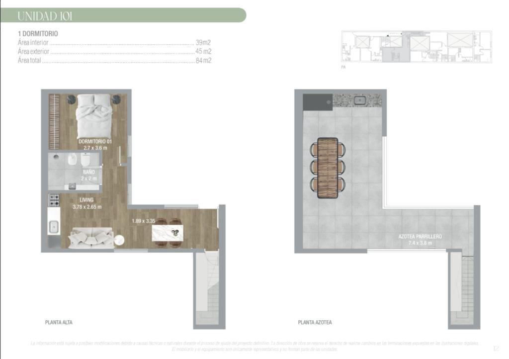 Venta de apartamento de 1 dormitorio con terraza y parriller