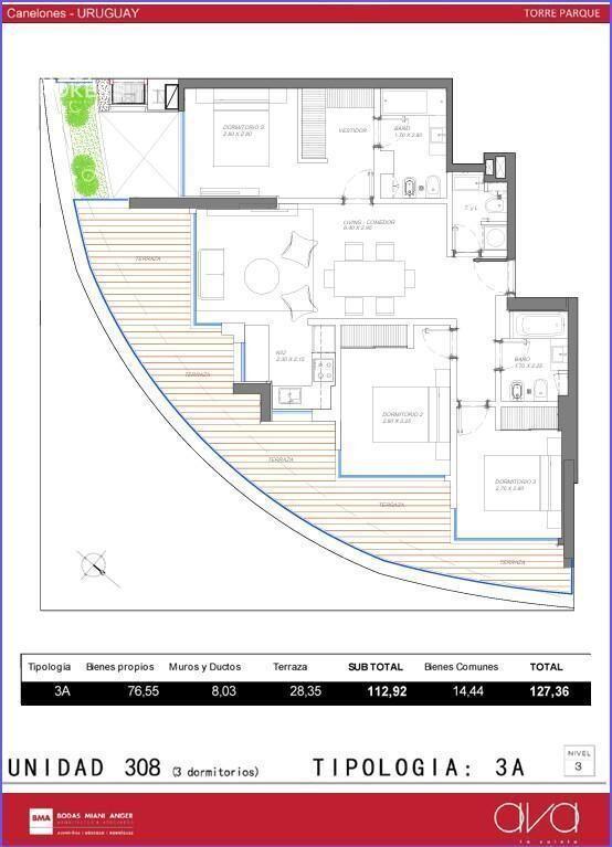 Apartamento de tres dormitorios en venta en Parque Roosevel