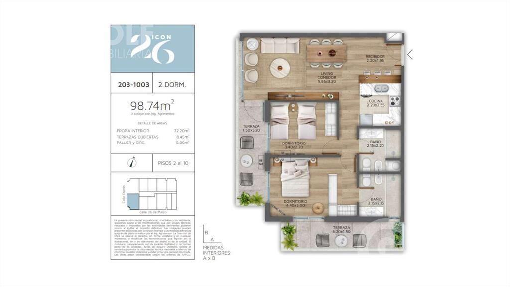 Venta apartamento 2 dormitorios con terraza en Pocitos