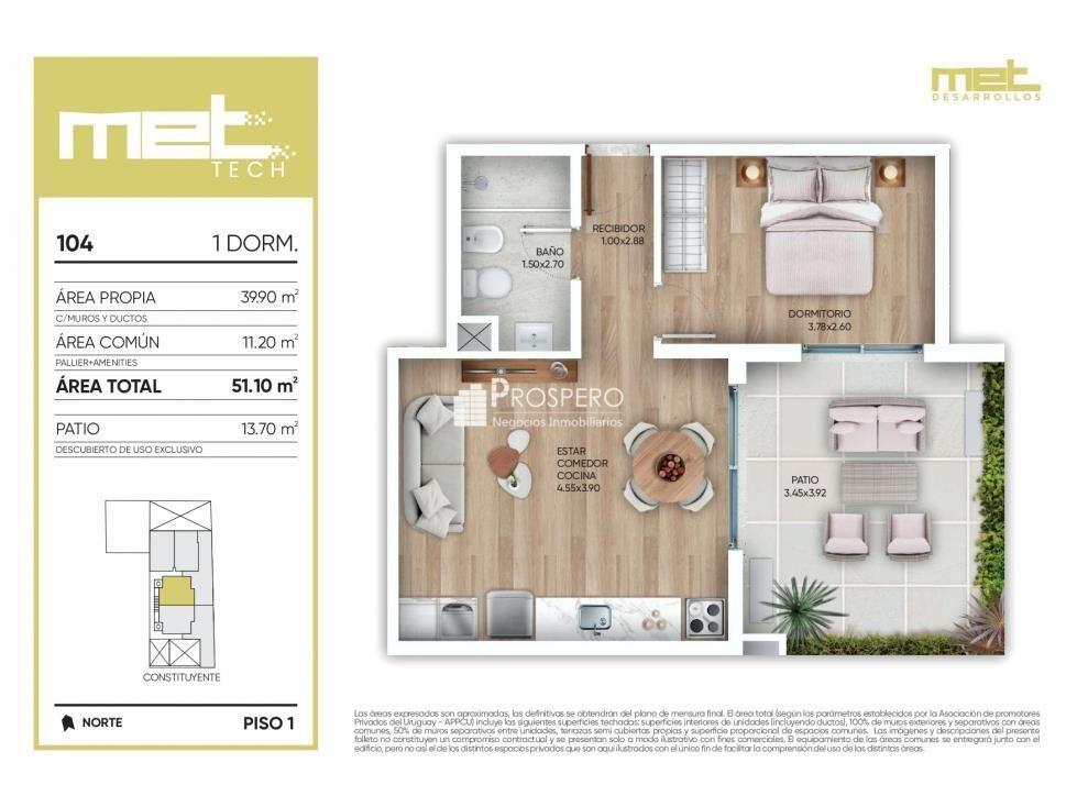 VA1901 venta apto 2 Dorm MET TECH Cordon