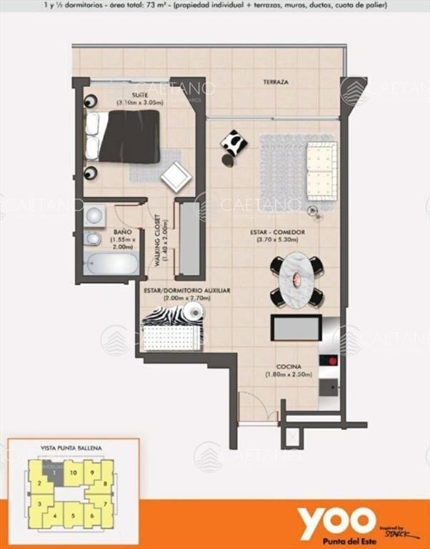 Apartamento en venta de 1 dormitorio y medio en