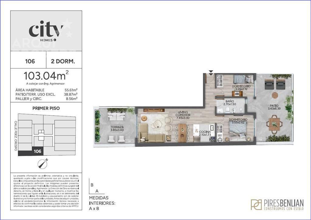 Apartamento de dos dormitorios con patio en venta en Cordón