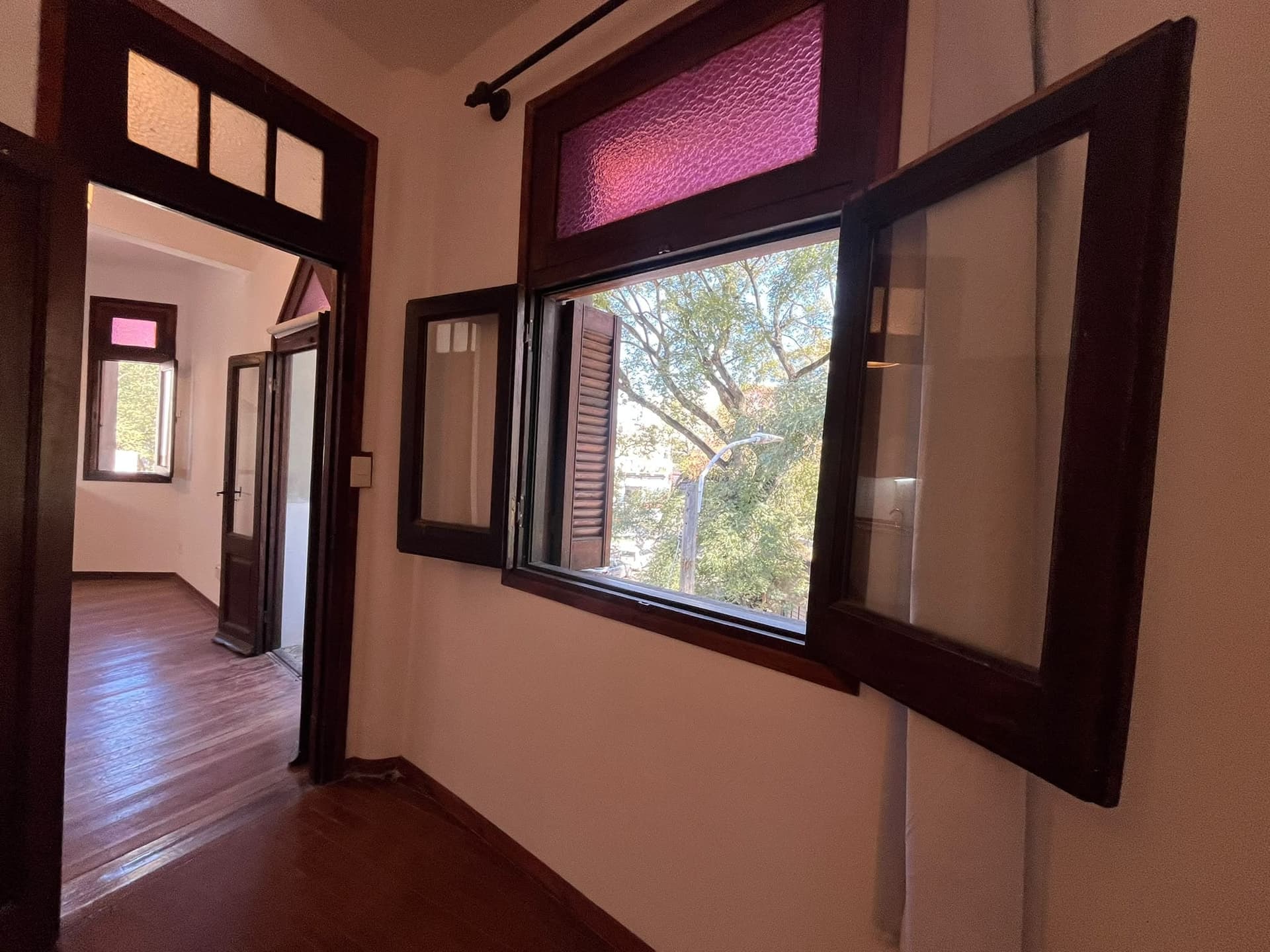 This image captures an interior hallway or transition space, featuring dark wood trim around doorways and a window. The window, with its shutters partially open, offers a view of lush green trees and an outdoor light fixture, while an upper transom window features textured purple glass. The space is characterized by light-colored walls and polished wooden flooring, suggesting a classic or traditional aesthetic.