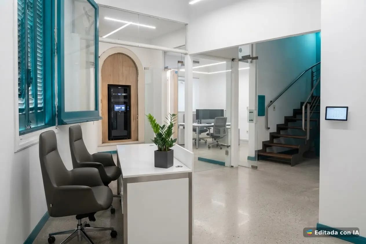 # Modern Commercial Office Space
This contemporary office features an open-plan layout with sleek glass partitions and clean white walls accented by teal architectural elements. The space includes a reception area with ergonomic seating, multiple enclosed workstations with glass doors, integrated LED lighting, polished concrete flooring, and a modern staircase with metal railings, creating a professional and functional work environment.
WATERMARK: Editada con IA